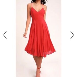 Lulu's Red Spaghetti-Strap V-Neck Midi Dress